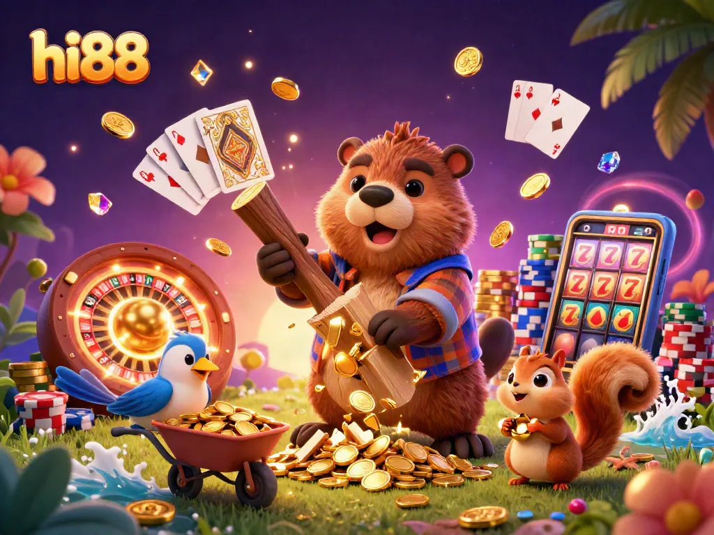 Spin and win with hi88 as the playful lumberjack beaver collects golden coins raining down.
