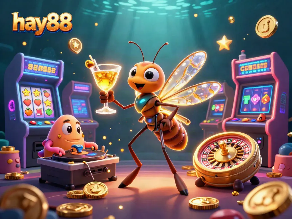 Experience exciting gaming with hay88 through this vibrant casino-themed illustration featuring unique characters and elements.