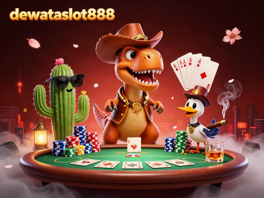Permainan kartu remi di dewataslot888 dengan karakter kartun dino dan suasana kasino yang meriah.