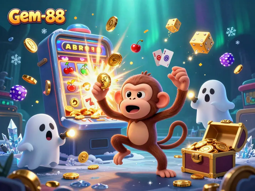 Experience the fun at gem-88 with a monkey juggling casino treasures in a vibrant 3D scene.