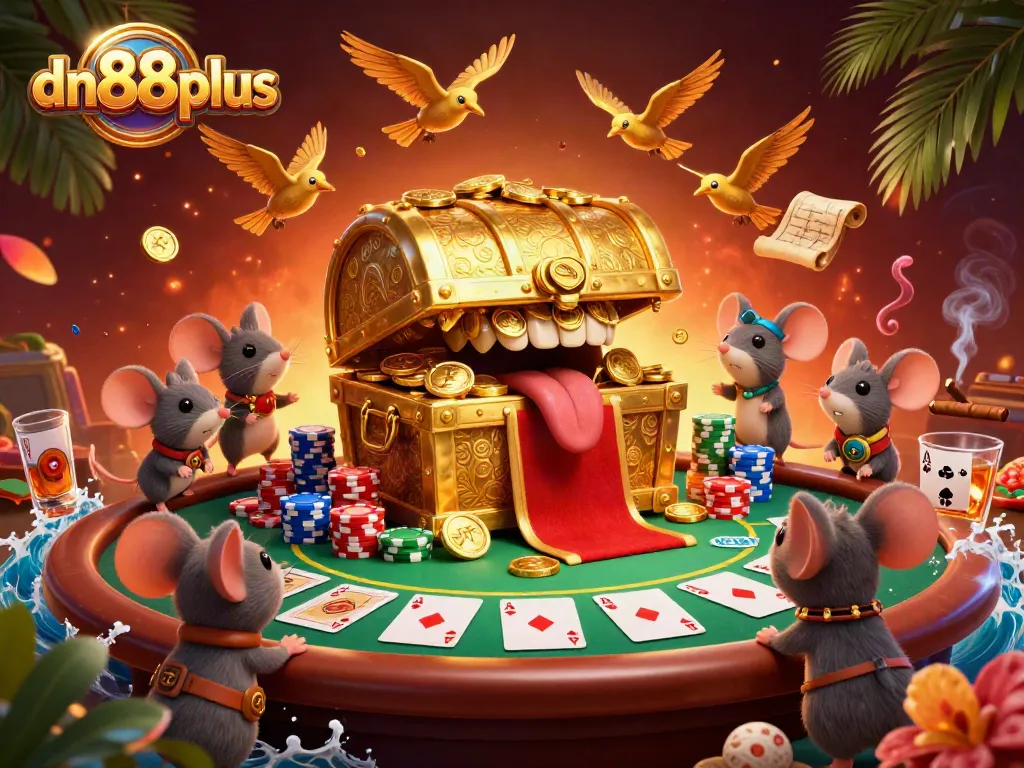 Engage with thrilling gameplay at dn88plus, showcasing a vibrant poker scene with golden treasures.