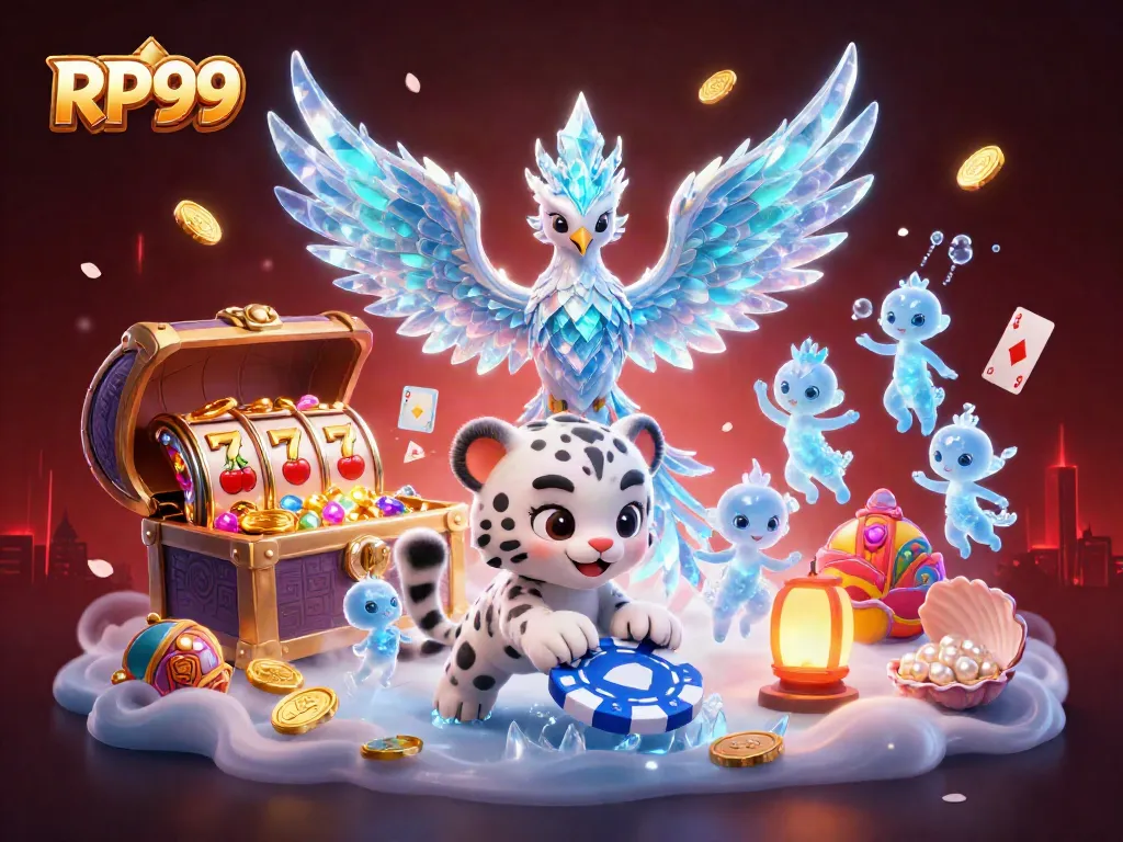 Experience the excitement of RP99 with a vibrant slot scene featuring a mythical ice phoenix and playful elements.
