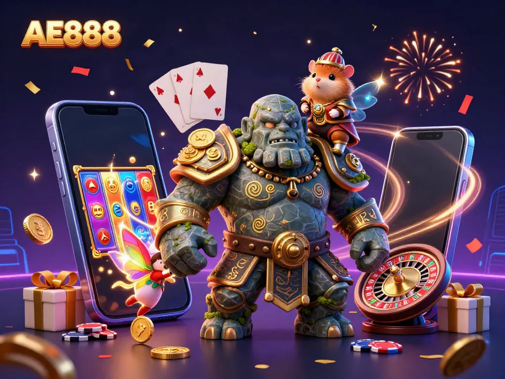Experience AE888's dynamic casino world with an enchanting golem guardian, a magic fairy, and a knight in a captivating scene.