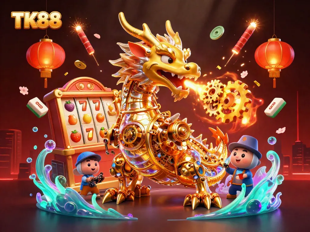 Bet on TK88 with excitement, featuring a dragon and vibrant casino elements.