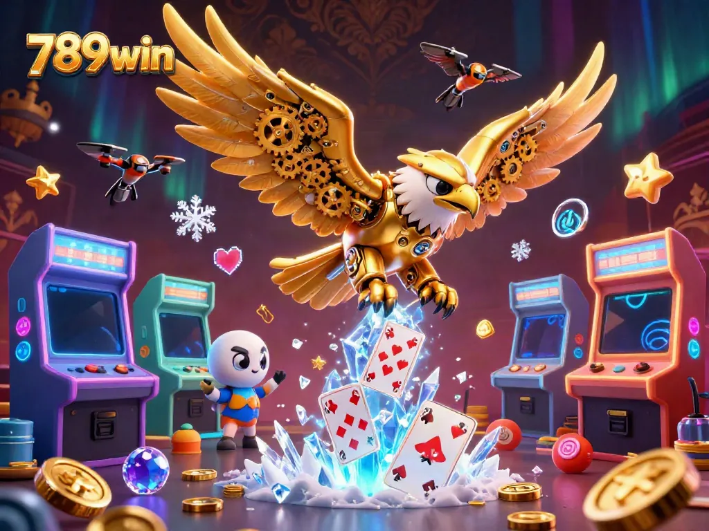 Experience thrilling 789win action with a flying golden eagle amidst vibrant casino elements.