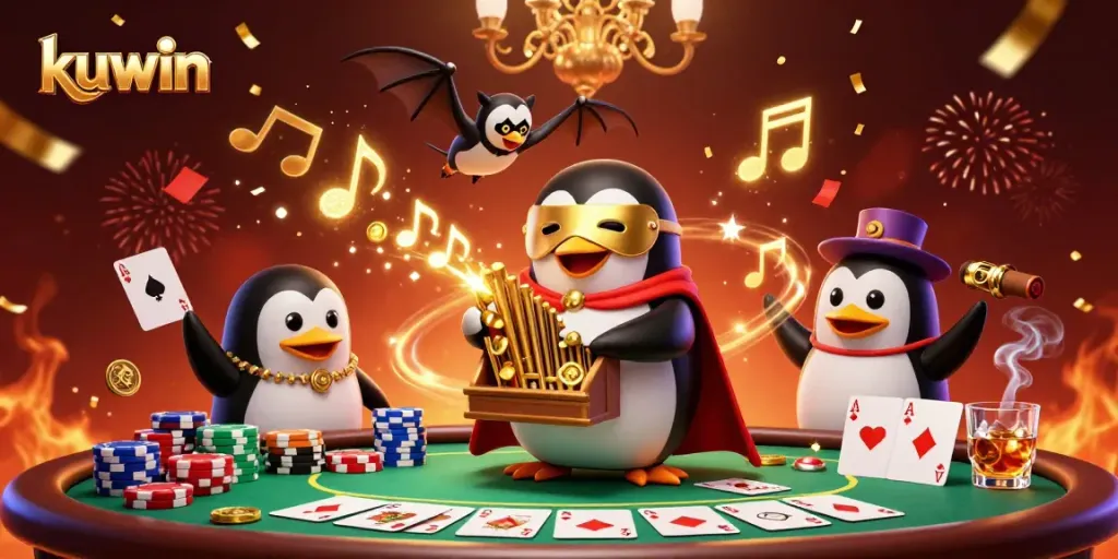 Kuwin captivates with a lively scene featuring a phantom penguin organist, golden coins, and poker elements.