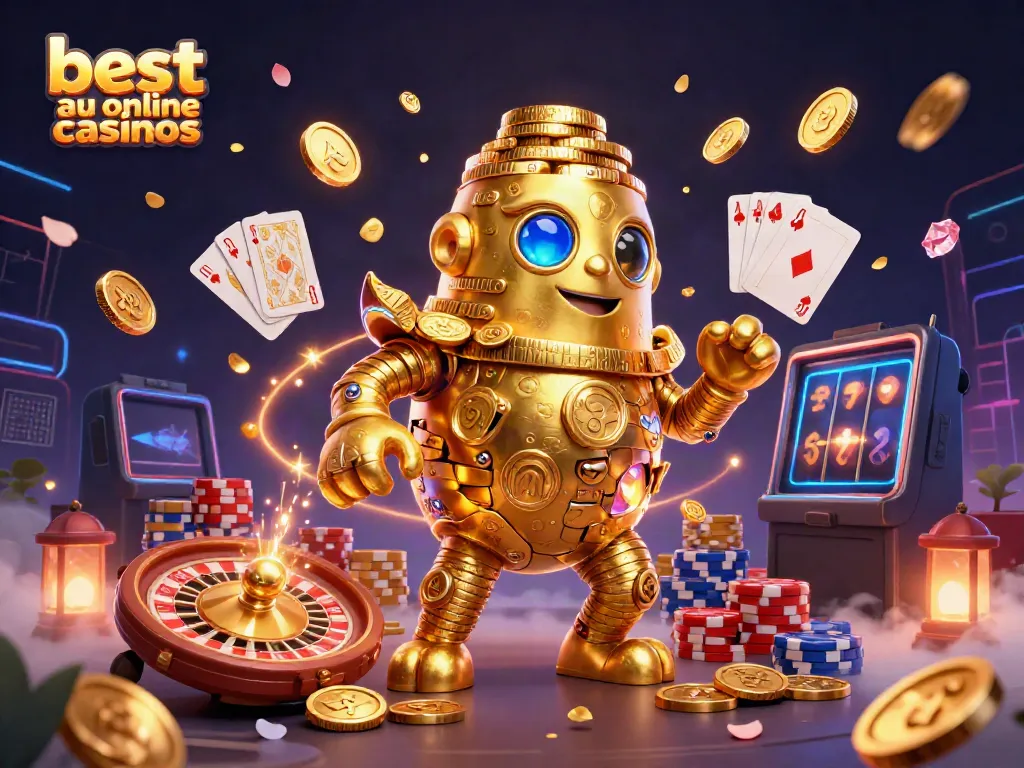 Spinning roulette ball and golden golem showcasing the best AU online casinos