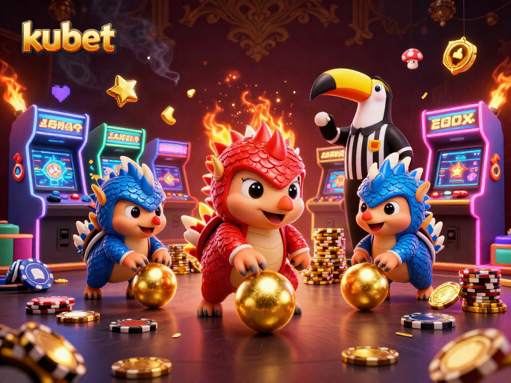 Kubet pangolins compete in a vibrant casino arcade scene, highlighting playful rivalry.