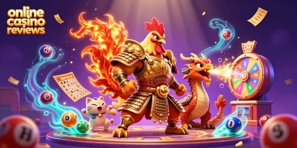 Engage with online casino reviews through a dynamic scene featuring a samurai rooster, dragon, and finance elements.