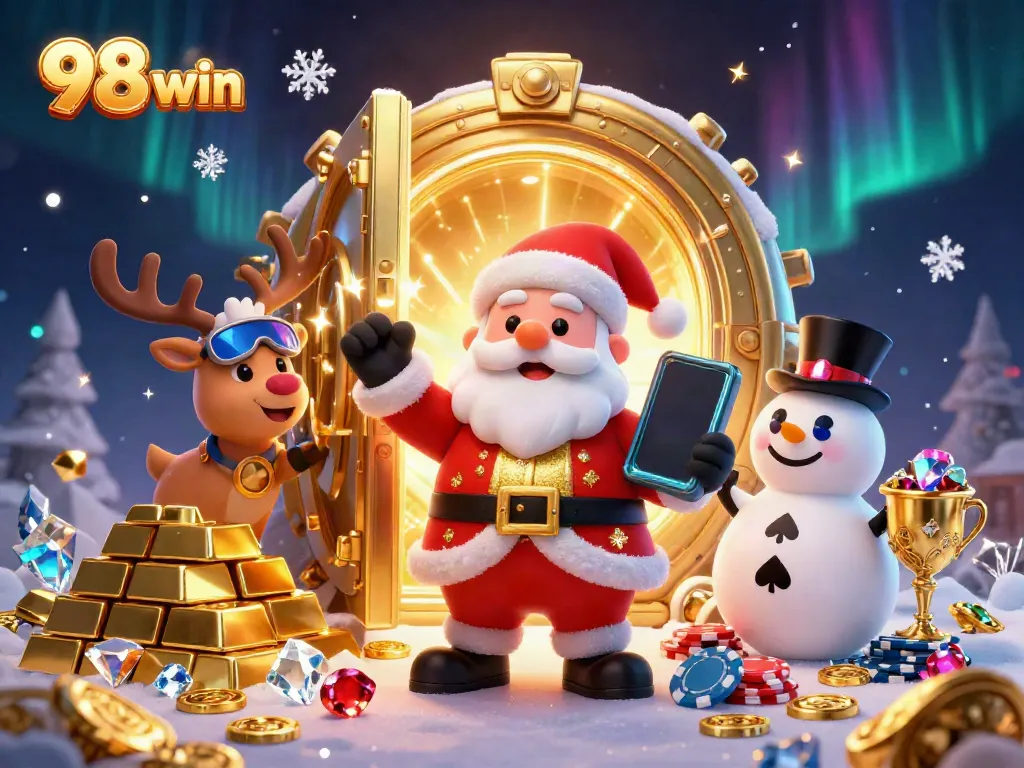 Join the action at 98 win with Santa and friends celebrating jackpots in a colorful casino.