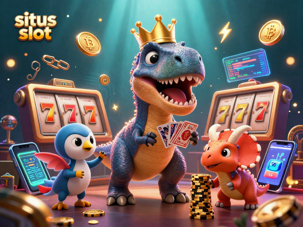 Menggunakan situs slot dengan karakter T-Rex lucu, pterodactyl, dan triceratops sambil bermain slot dengan koin Bitcoin dan Ethereum