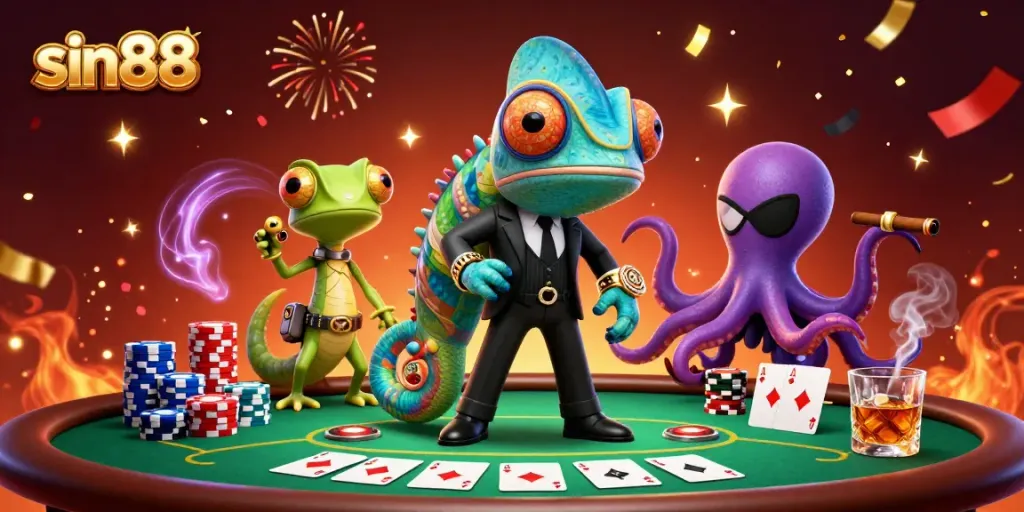 Experience thrilling gaming at sin88 with a vibrant illustration of casino elements and charismatic characters.