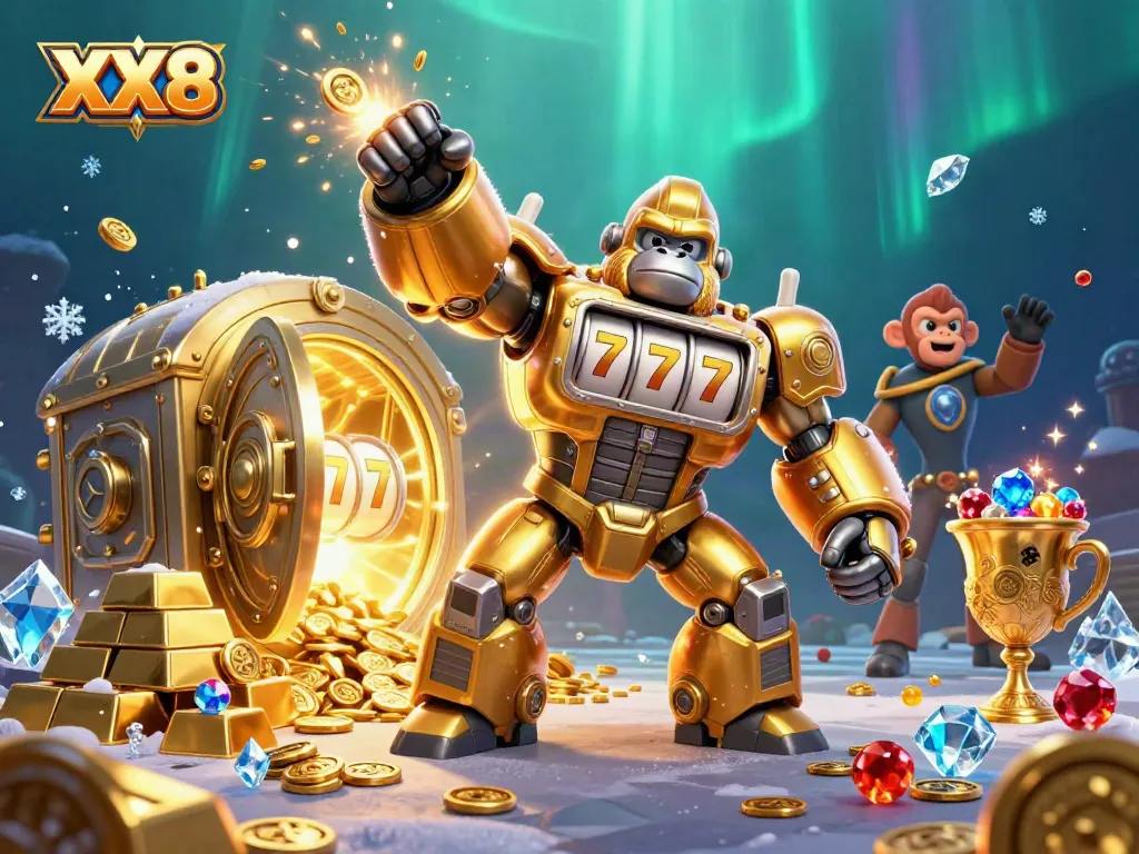 Win big with XX8 as the golden gorilla mech celebrates jackpots and treasures in a vibrant casino scene.