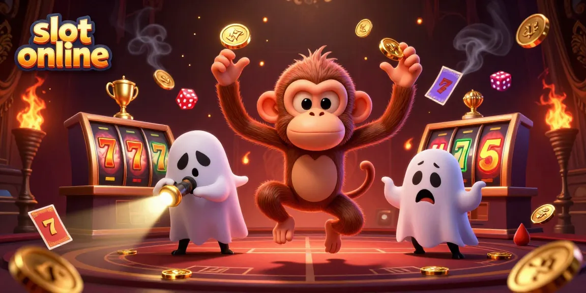 Slot online dengan karakter monyet jahat dan anjing pemburu hantu dalam kasino berhantu.