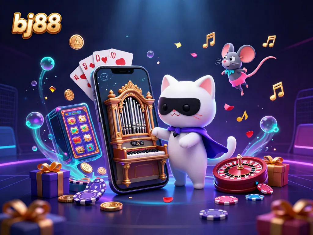 Experience the vibrant world of bj88 casino with a 3D lively scene of a cat playing music amid colorful games and coins.