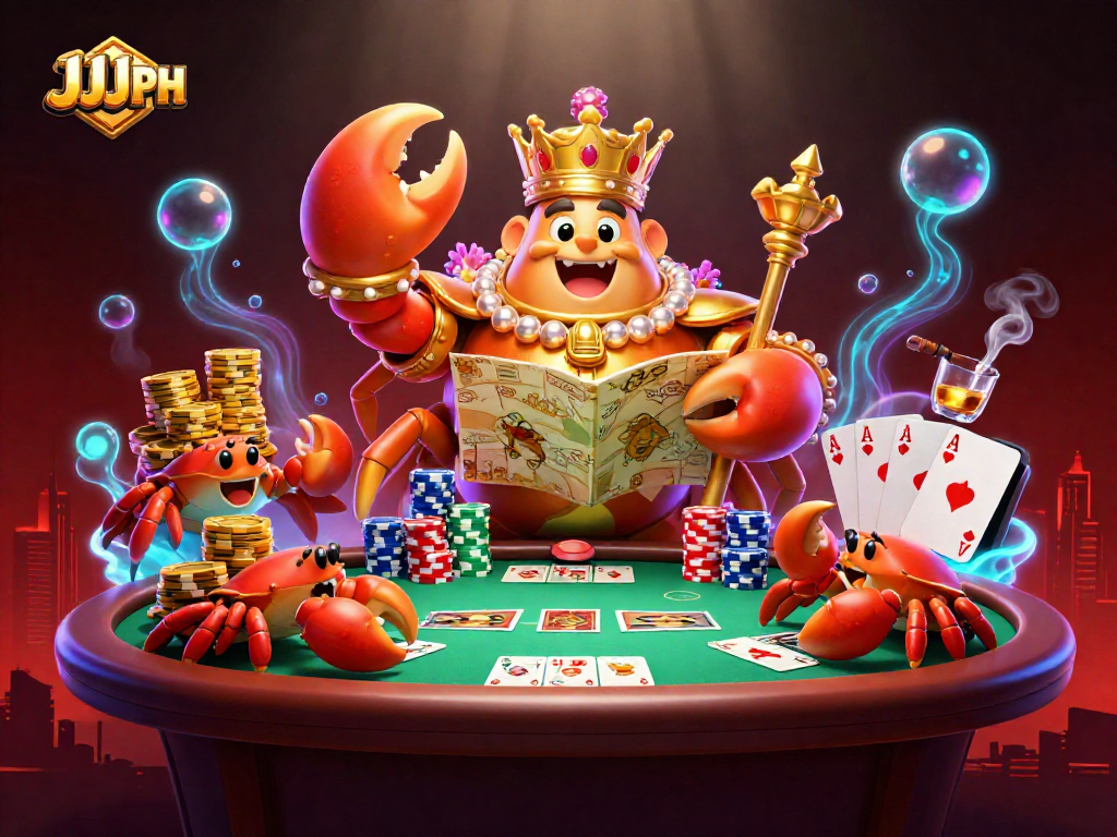 Ang JJJPH na ilustrasyon ng isang emperador na alimasag at mga damit na nagdadala ng mga stacked chip.