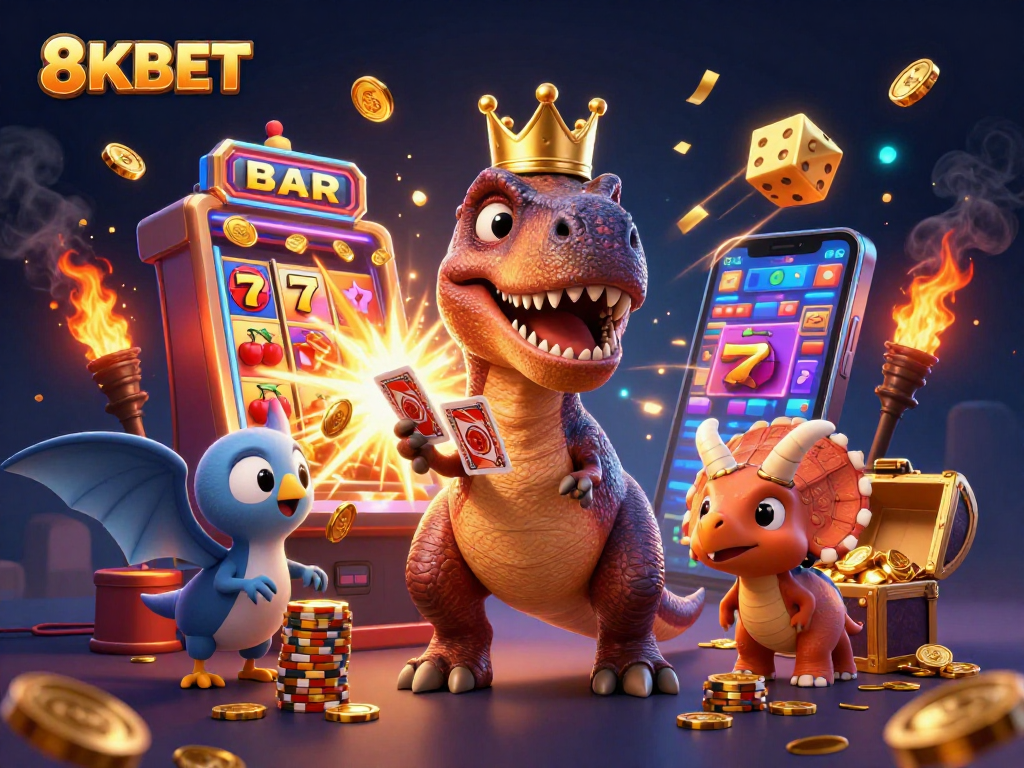 Engage with 8KBET as a T-Rex shuffles cards while a pterodactyl assists, showcasing a vibrant casino scene.