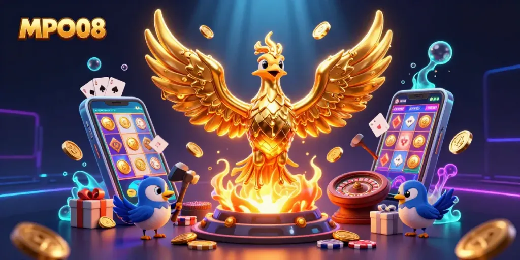MPO08 showcases a molten golden phoenix surrounded by dynamic casino elements, capturing thrilling gaming moments.