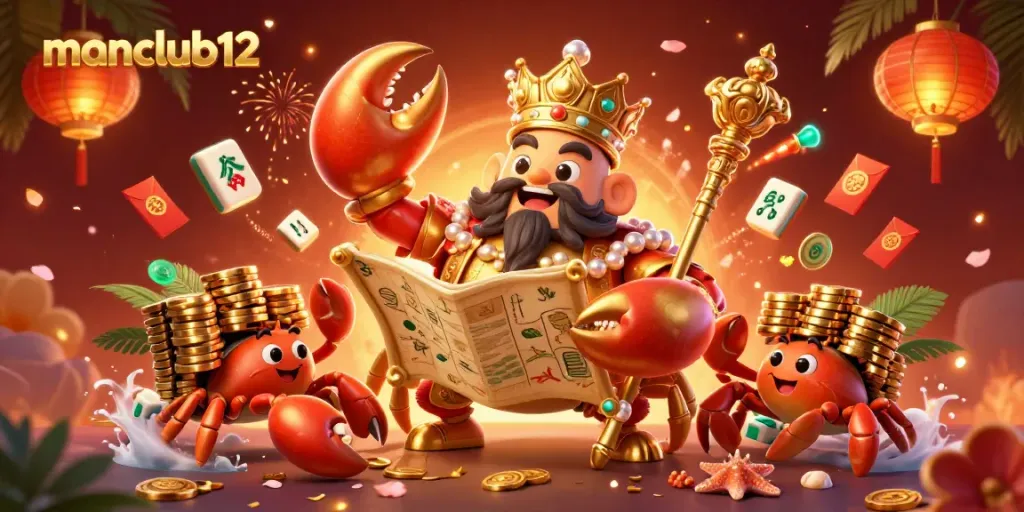 Experience the excitement of manclub12 with a vibrant crab emperor and glowing casino elements.