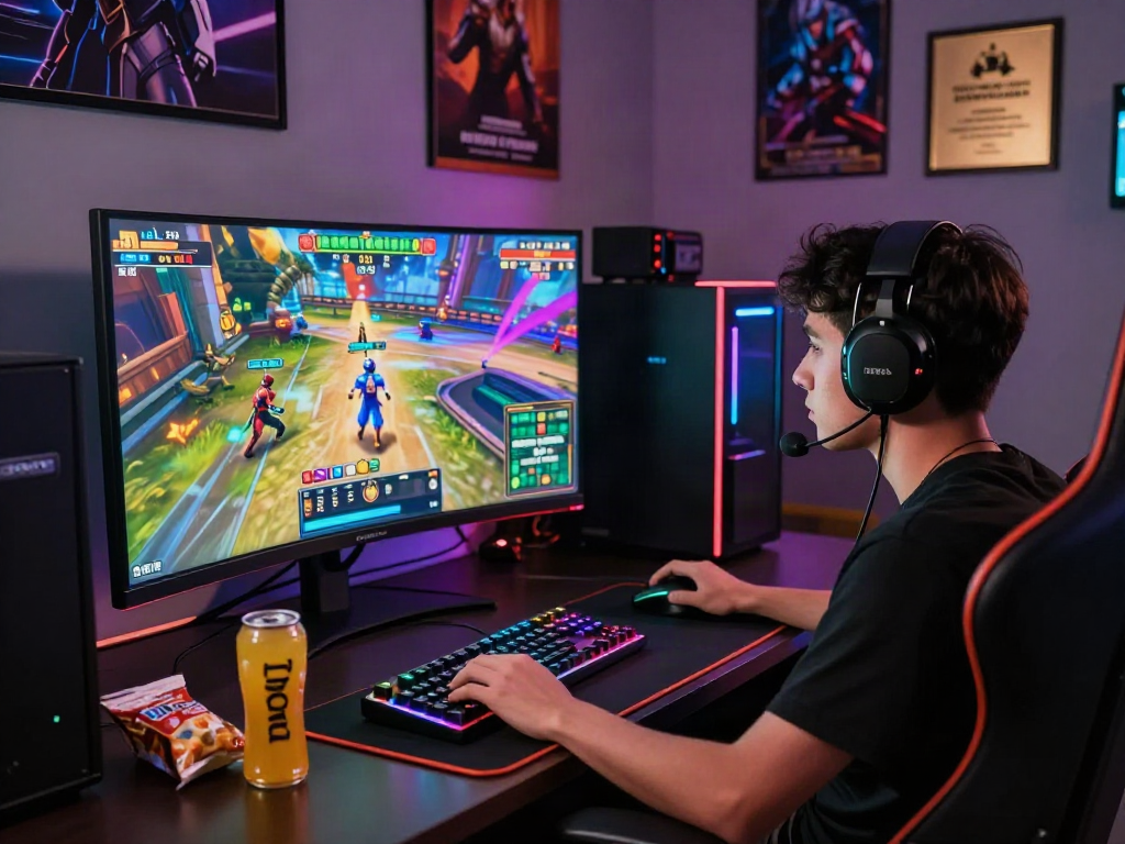 Gamer terlibat dalam permainan luxury111 di arena virtual dengan peralatan modern.
