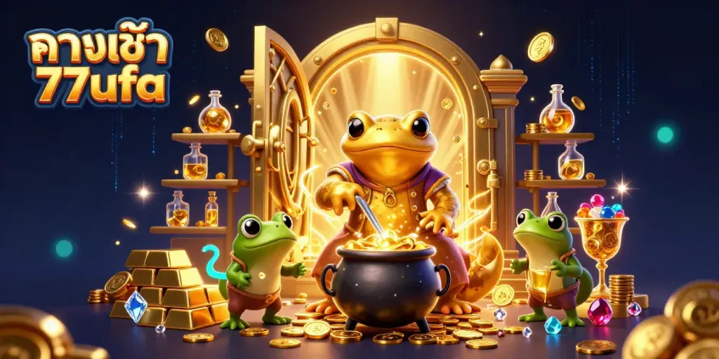 Experience the excitement of ทางเข้า 77ufa with vibrant gold coins and live casino elements in a dynamic scene.