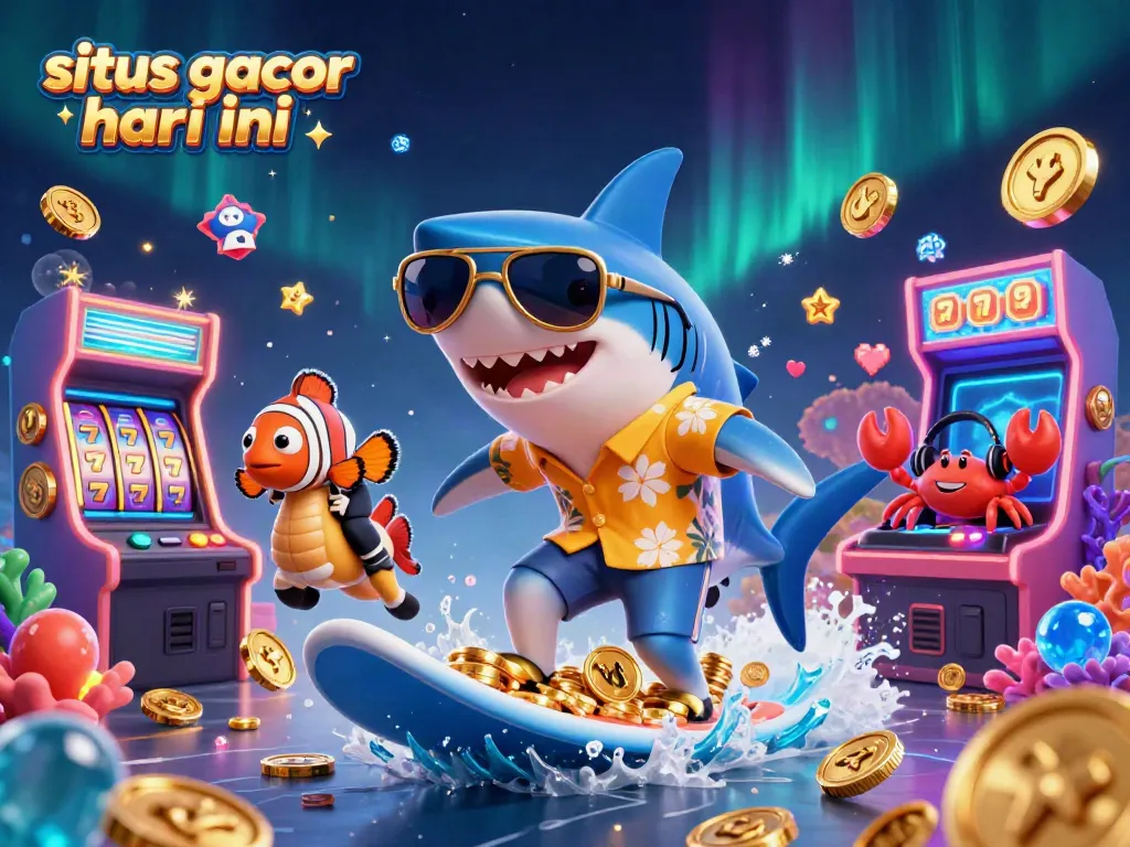 Permainan slot gacor hari ini menampilkan hiu kartun 3D yang berselancar di atas koin emas.