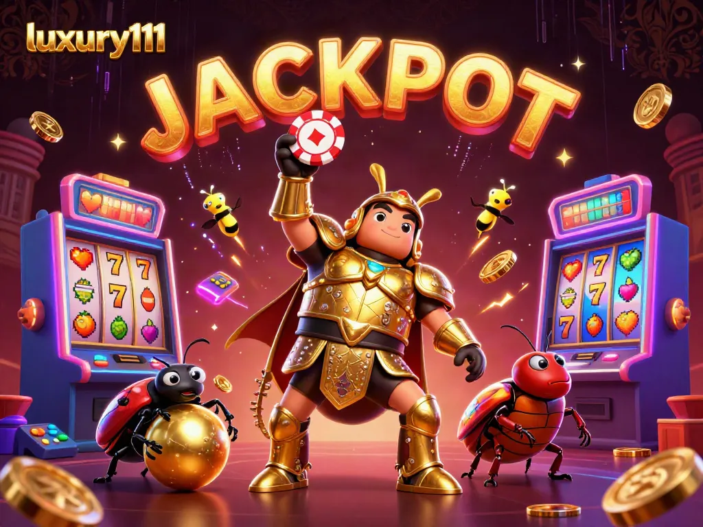 Experience luxury111's exciting jackpot scene with vibrant slot machines and animated beetles celebrating victory.