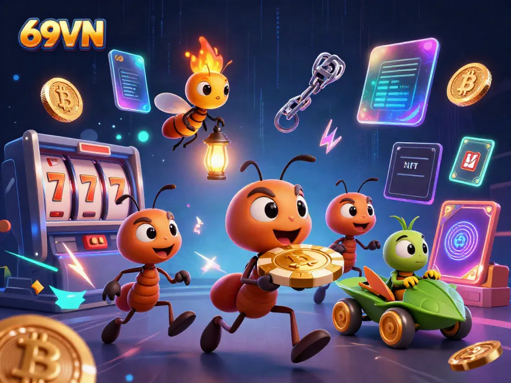 Engaging scene of ants heisting a giant poker chip in a vibrant casino world, showcasing 69VN.