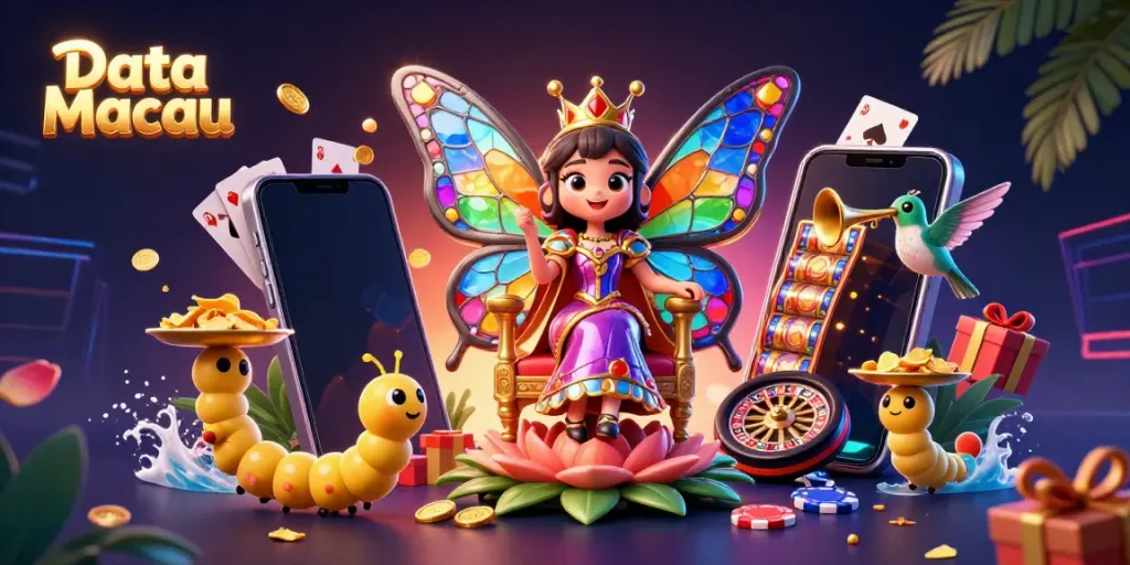 Spin the reels with Data Macau's latest results featuring the butterfly queen and vibrant casino elements.