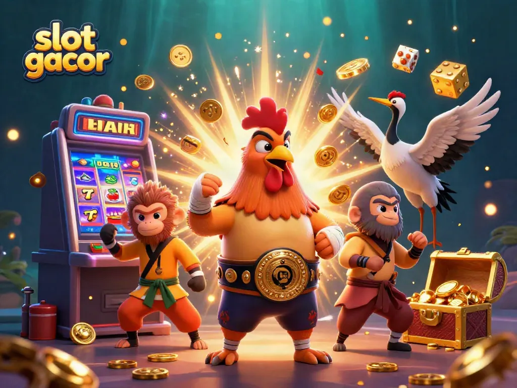 Engage with slot gacor's thrilling gaming atmosphere, featuring a dynamic scene with vibrant 3D characters and jackpots.