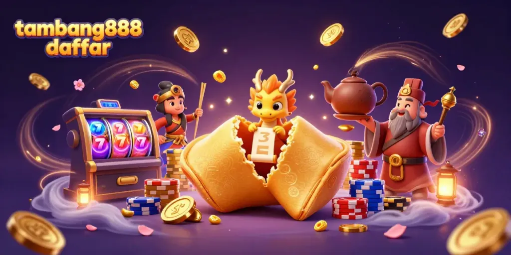Gambaran menarik tentang permainan slot di tambang888 daftar dengan karakter unik dan elemen kasino.