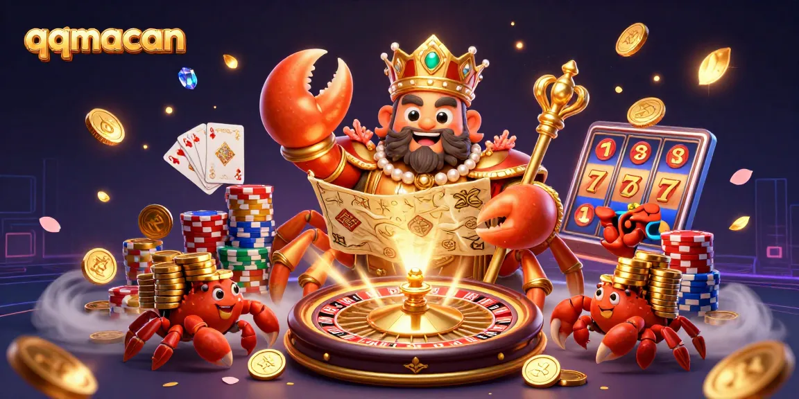 Engage in thrilling casino adventures with qqmacan, showcasing the golden crab emperor and vibrant casino elements.