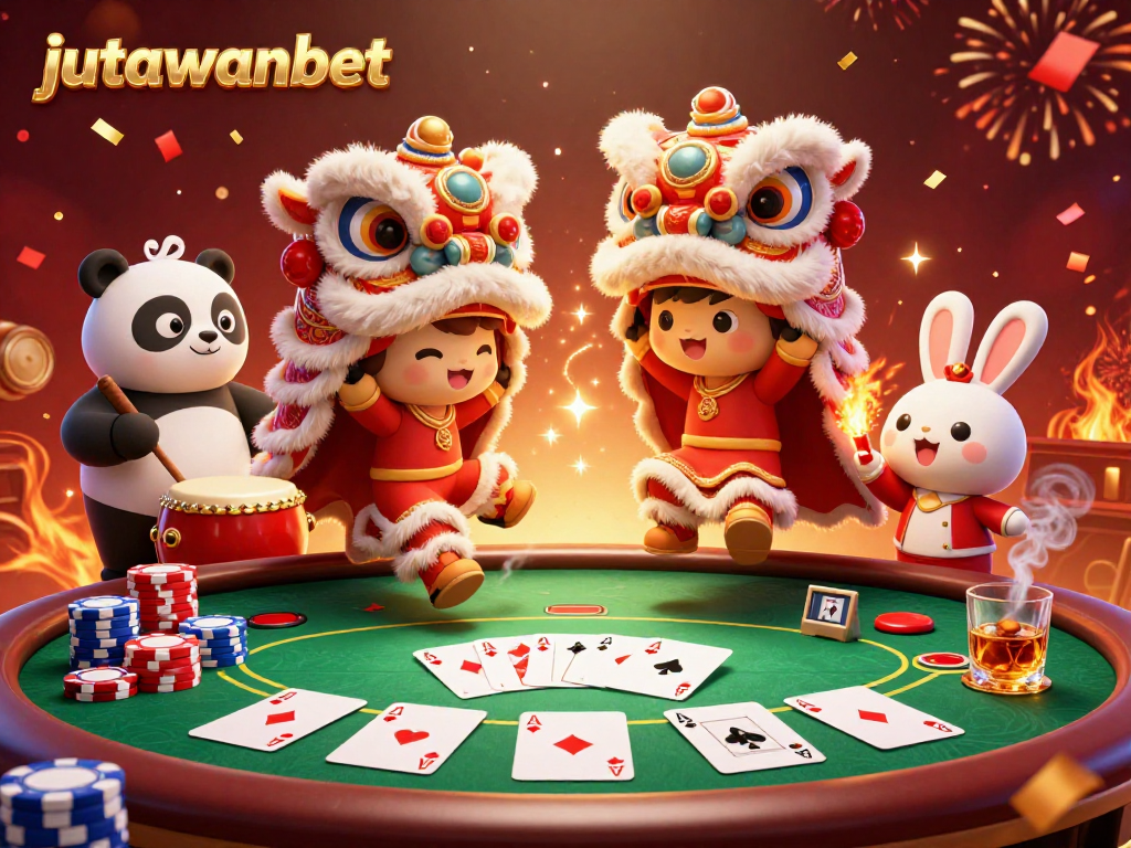 Experience the excitement of gaming with jutawanbet's vibrant lion dance illustration surrounded by poker elements.