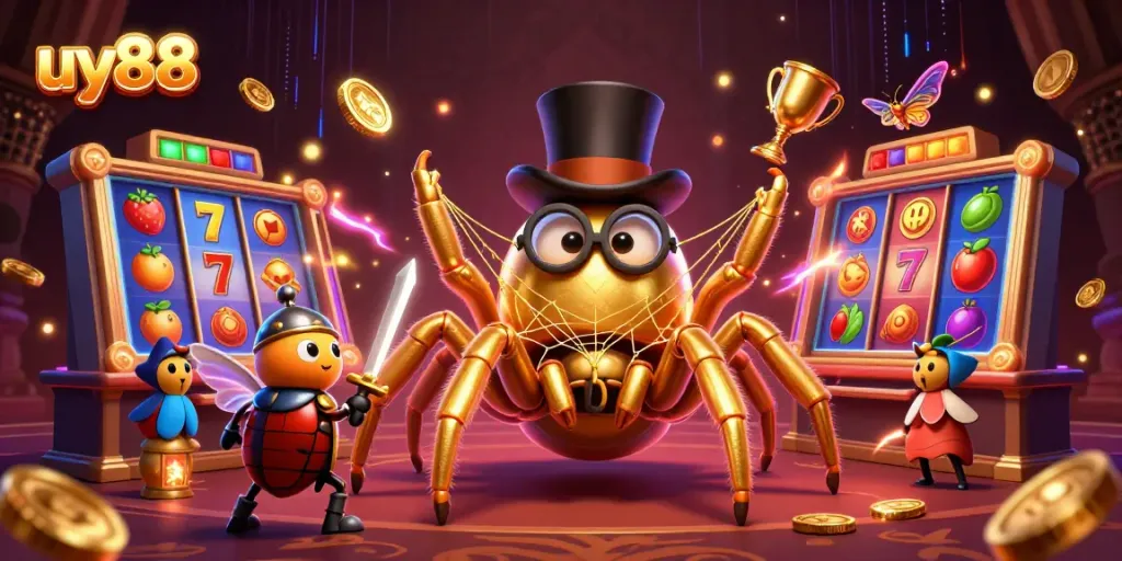 Experience thrilling wins with uy88 as a golden tarantula and beetle knight clash in a vibrant casino scene.