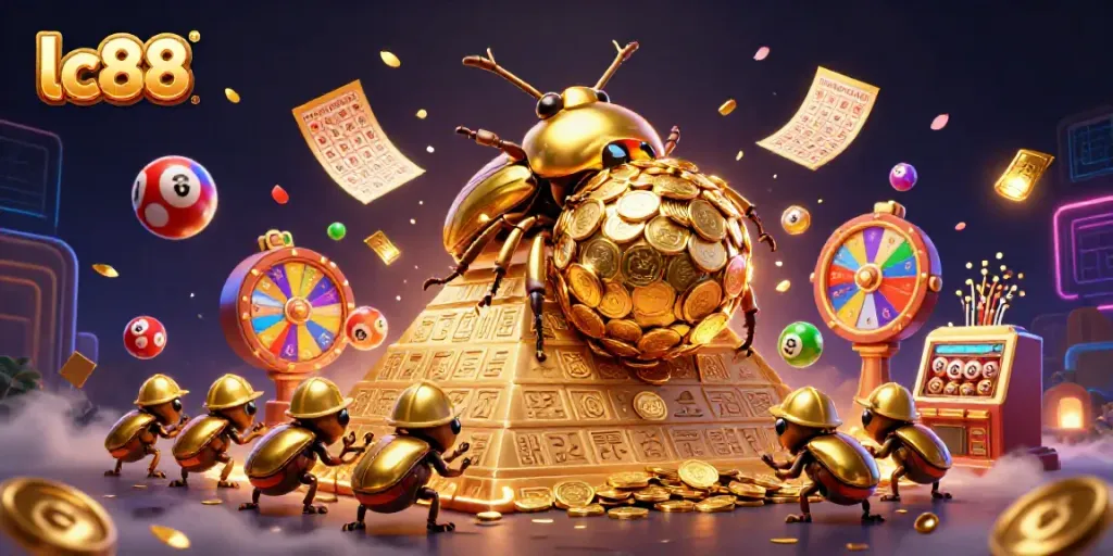 Engage in thrilling gameplay at lc88 with a vibrant casino-themed scene showcasing golden beetles and fun game elements.
