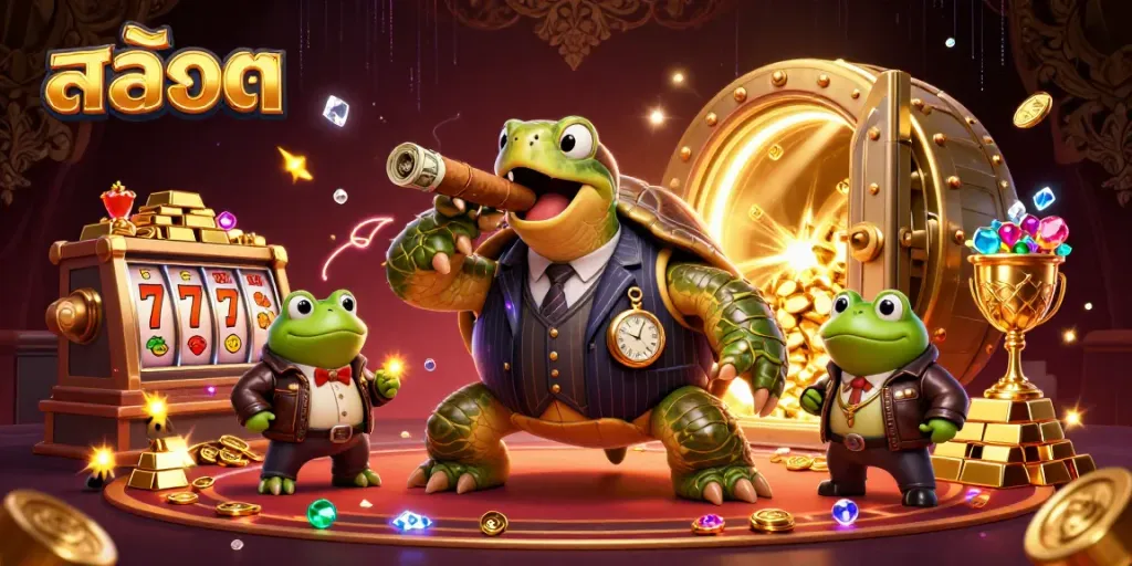 Engaging scene featuring a cartoon turtle in a mobster suit showcasing สล็อต-themed slots with vibrant casino elements.