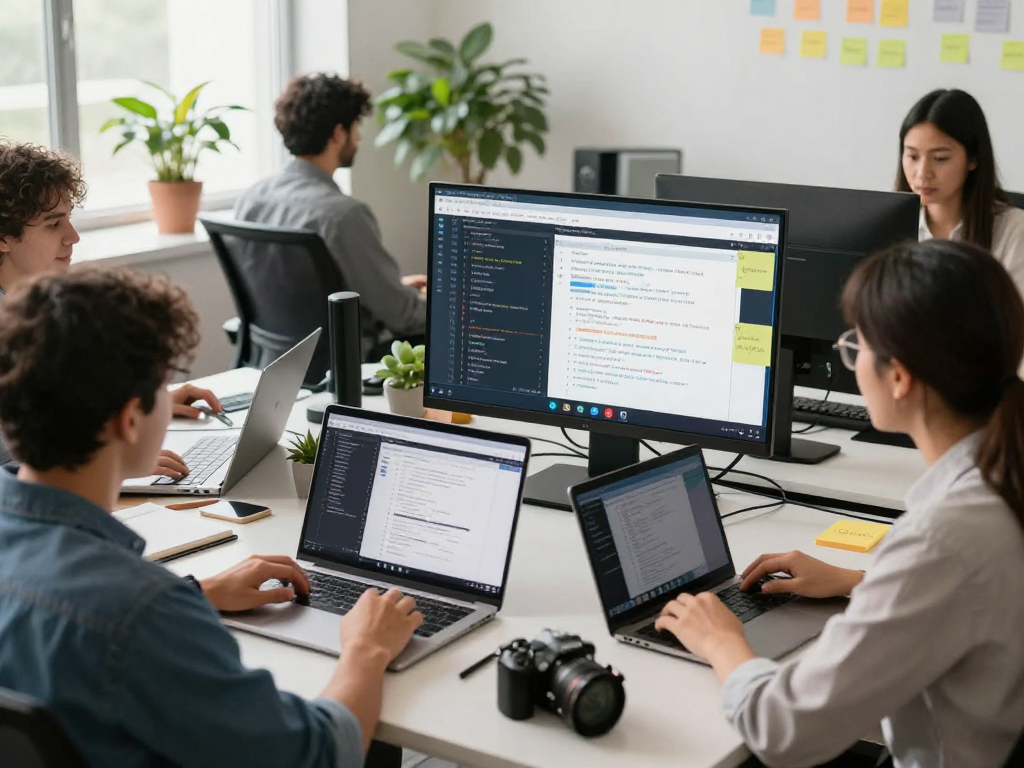 Team collaborating using ToDesk software in a modern office for efficient remote meetings.
