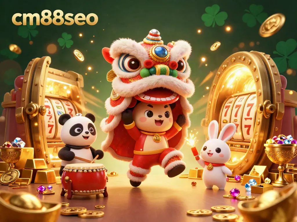 Experience the thrill of cm88seo with a lively casino-themed illustration featuring animated lion dance and lucky symbols.