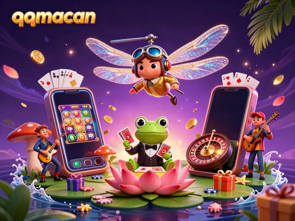 Engage with qqmacan's dynamic casino scene featuring a dragonfly pilot, frog dealer, and jazzy crickets.