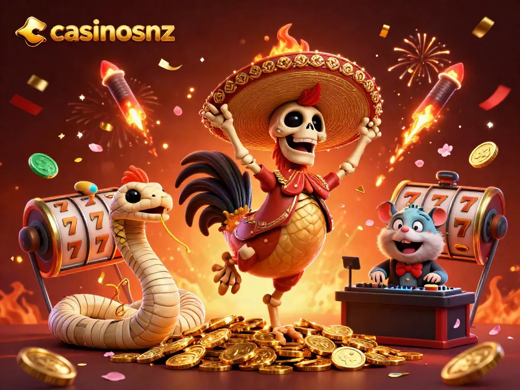 Experience casinosnz with a vibrant 3D illustration featuring lively characters celebrating on golden coins.