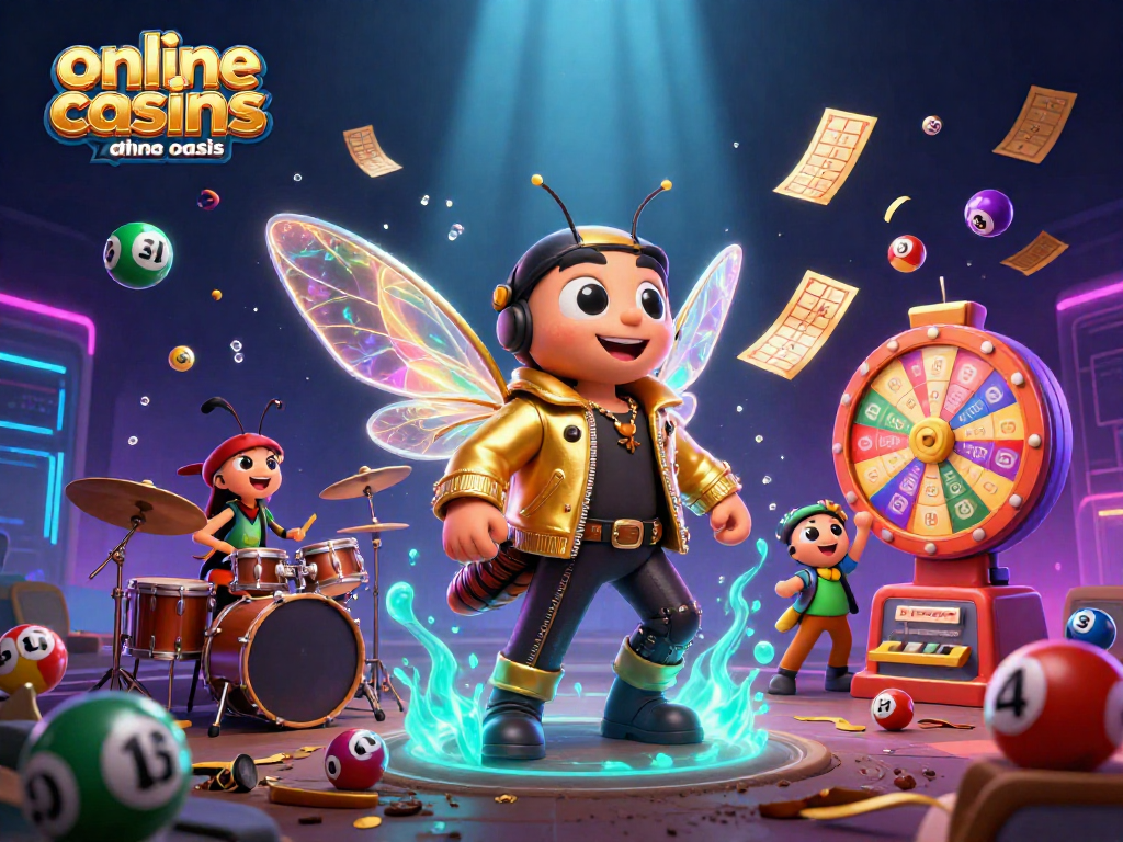 Engage with online casinos ohne oasis in a vibrant 3D scene featuring lottery balls, a cicada rock star, and dynamic casino elements.