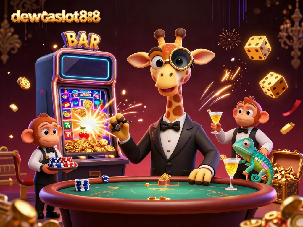 Permainan yang menarik dengan dewataslot888 di meja judi, dikelilingi simbol keberuntungan dan mesin slot yang kaya.