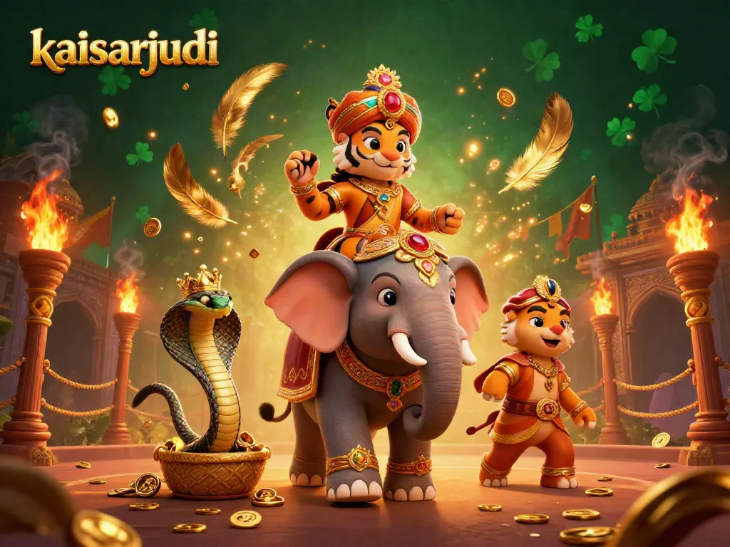 Kaisarjudi casino gaming action featuring a vibrant scene with a maharaja tiger, elephant, and gold coins.