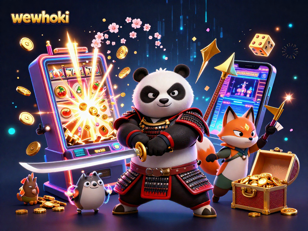 Memenangkan jackpot di wewhoki dengan samurai panda dan ninja fox yang menghibur, dikelilingi slot dan simbol keberuntungan.