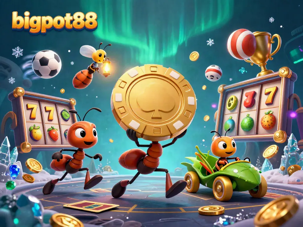 Join the dynamic heist at bigpot88 with a team of cartoon ants, poker chip, and gaming elements.