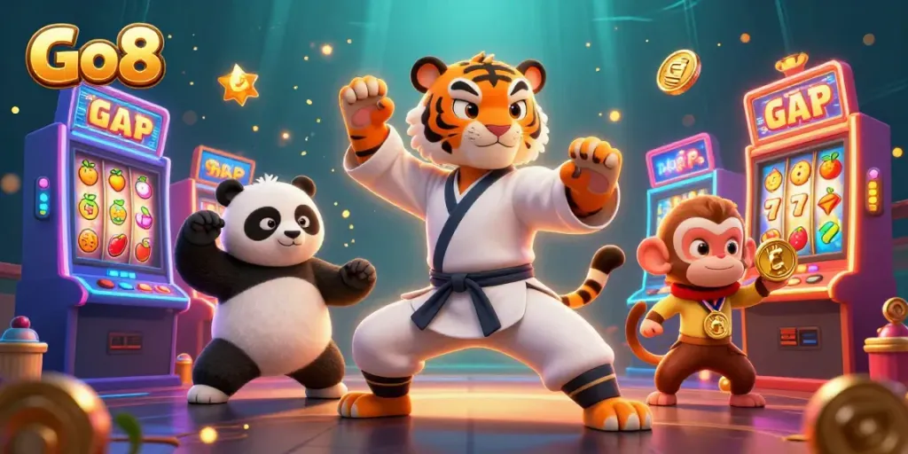 Engage with Go8's thrilling slot adventure featuring kung fu masters and vibrant casino elements.