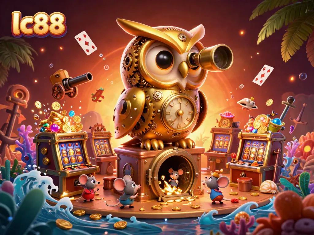 Engage with the vibrant lc88 casino scene featuring a golden owl scanning for jackpots amidst gold coins.