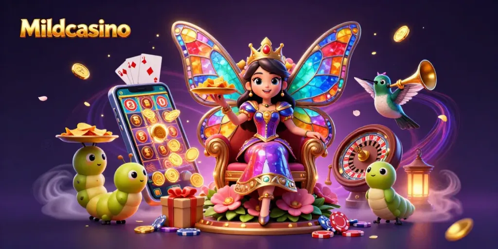 Mildcasino brings excitement with a vibrant digital casino scene showcasing games, chips, and winnings.