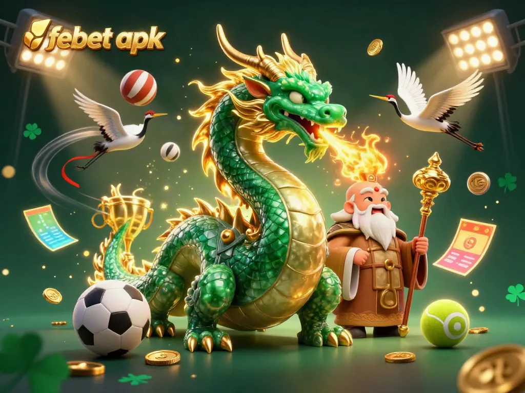 Bet on sports with febet apk featuring a jade dragon, turtle sage, and lucky cranes.