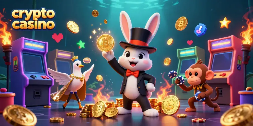 Experience the magic of a crypto casino with a whimsical scene of characters and Bitcoin coins.